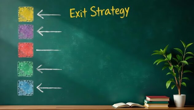 Exit strategy depicted on chalkboard with arrows leading to various options, exit plan, planning