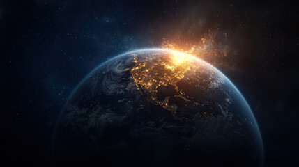 Obraz premium stunning view of Earth from space, showcasing illuminated cities and vibrant atmosphere
