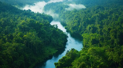 Obraz premium Scenic aerial view of a river meandering through a vibrant tropical rainforest