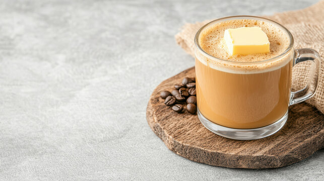 delicious cup of keto bulletproof coffee with butter on top, perfect for healthy lifestyle