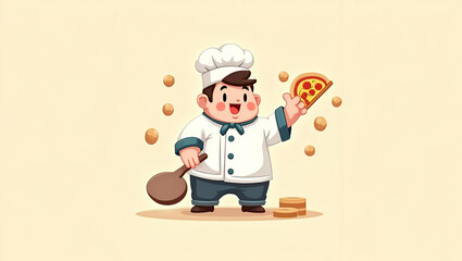 Playful Kawaii Style Clipart of a Whimsical Chef Joyfully Tossing Pizza Dough - Simplified Design with Child-Friendly Colors and Empty Space for Stock Photos