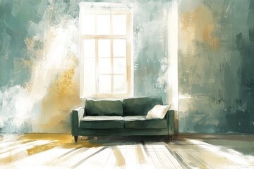 Painted living room features a dark green couch and light