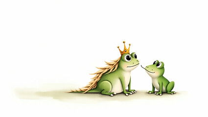 Naklejka premium Flat Prince with a frog friend watercolor illustration clipart hand drawn style perfect for nursery art white background concept as Hand drawn watercolor illustration prince with frog friend perfect f