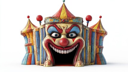 A colorful building designed with an evil clown facade