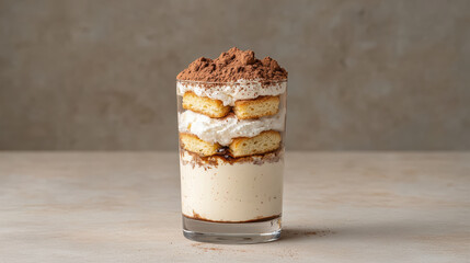 Delicious tiramisu parfait layered with cream and cookies, topped with cocoa powder