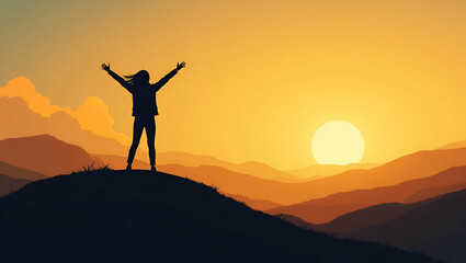 Flat Silhouette of Young Woman Celebrating New Year 2019: Embracing Freedom, Optimism, and New Beginnings for Personal Growth and Goal Setting in a Cute Vector Style