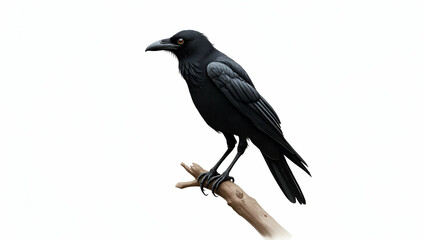 Fototapeta premium Spooky Black Raven Perched on Branch - Detailed Watercolor Illustration Isolated on White Background with Crisp Details and Empty Space for Photo Stock Concept