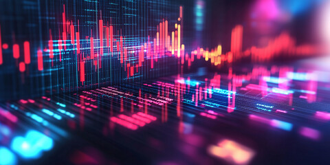 Digital Data Visualization with Colorful Graphs and Charts on a Dark Background for Financial and Technological Applications