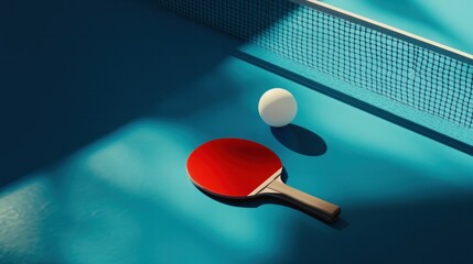 Table tennis paddle and ball on blue surface with net and shadows.