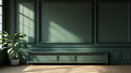 Dark green paneled wall with a plant in the corner