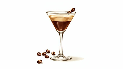 Espresso martini glass with coffee beans watercolor clipart illustration hand drawn style white background perfect for nursery art concept as Handdrawn watercolor illustration of an espresso martini g
