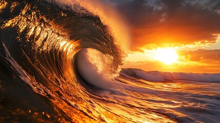 Golden Ocean Wave at Sunset with Dramatic Clouds