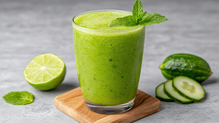 Refreshing cucumber mint lime juice in glass, garnished with mint leaves