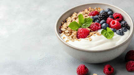 vibrant bowl of yogurt topped with fresh berries and granola, creating delightful breakfast