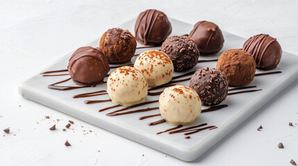 Delicious chocolate truffles arranged on platter, showcasing various flavors and textures