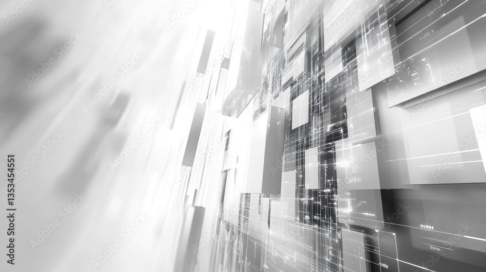 Poster abstract representation of digital technology with geometric shapes and lines creating a futuristic 
