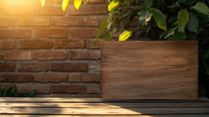 Wooden sign with sunlight and green foliage against brick wall in outdoor setting.