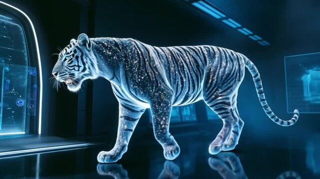Glowing tiger walking majestically through a futuristic digital environment