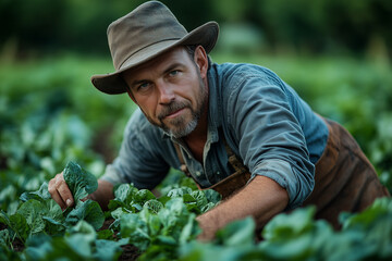 Farmer harvesting fresh crops in a green field under natural light