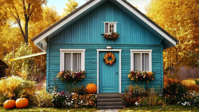 Charming blue cottage adorned with fall decorations in a vibrant autumn landscape