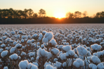 Cotton field at sunset with white cotton bolls glowing in the sunlight