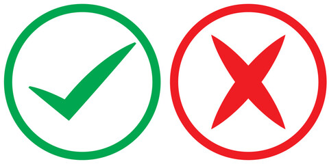 Green check mark, red cross mark icon set. Isolated tick symbols, checklist signs, approval badge. Flat and modern checkmark design, vector illustration