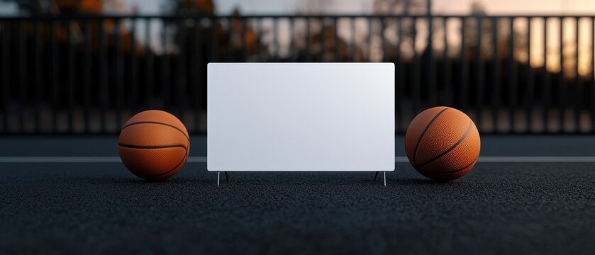 Empty basketball court with two balls and a blank sign for personalization.
