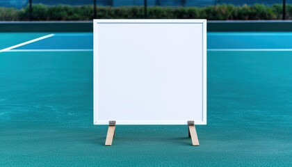 sport banner mockup Empty white signboard placed on a tennis court, ready for announcements.