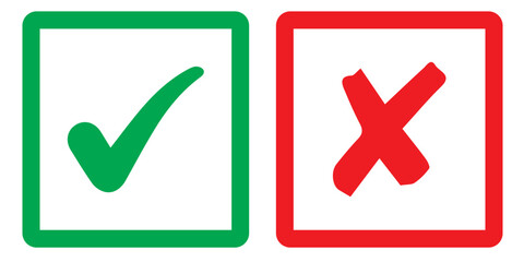 Check mark icon button set. Check box icon with right and wrong buttons and yes or no checkmark icons in green tick box and red cross.