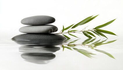 Fototapeta premium Gray stones balanced on water, bamboo sprig, zen garden, still life