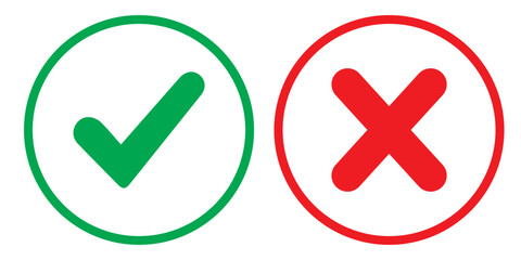 Check mark icon button set. Check box icon with right and wrong buttons and yes or no checkmark icons in green tick box and red cross.
