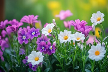 Fototapeta premium Closeup of Vibrant Pink Carnation and White Viola Flowers in Blooming Garden
