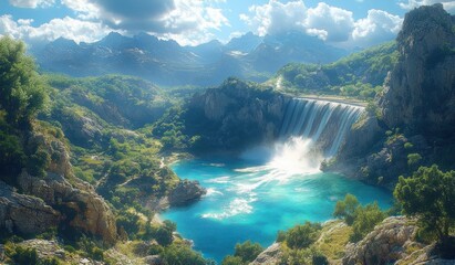 Massive Curved Dam with Turquoise Water in Serene Valley of France