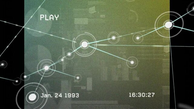Animation showing network connections with data points and date, time overlay