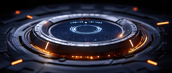 Futuristic interface design with glowing elements and starry background.