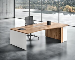 Modern office desk with panoramic view.