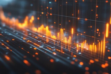Abstract glowing financial chart with orange bars and digital grid background showing futuristic data visualization and analytics. Copy space