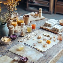 Plant dyeing tools on craft table, natural color station with mordant items, textile focus