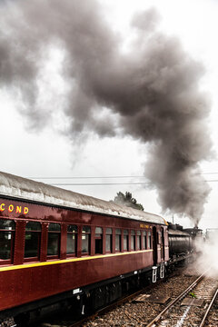 Steam train engine at Steamfest pulling out of the train station in Maitland