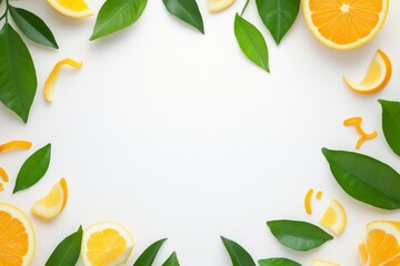 Citrus fruits and leaves arranged in a frame on white
