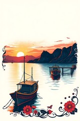 Obraz premium Sunset seascape with fishing boats.