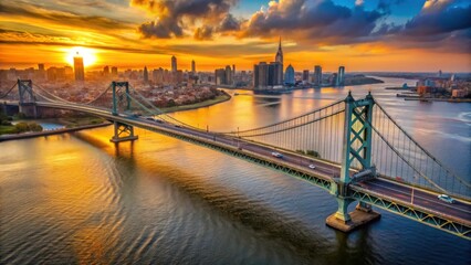 Fototapeta premium Majestic Sunset Over City Skyline and Bridge with River Reflection