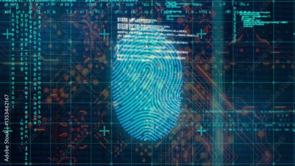 Poster fingerprint and digital data processing animation over circuit board background