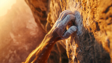 Close-up of a Chalk-Dusted Hand Gripping a Sunlit Rock Face, Capturing the Essence of Rock Climbing Adventure. Image made using Generative AI.