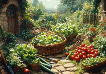 Obraz premium Freshly Harvested Vegetables in a Vibrant Garden Basket