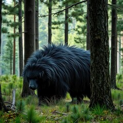 Massive, hairy creature moving silently between tall pine trees, forest, dark, shadows