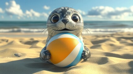 Obraz premium Adorable Seal Pup Playing with Beach Ball on Sandy Shore