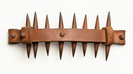 A rustic metal device with sharp spikes, likely used for restraint or punishment, showcasing historical craftsmanship. , Isolate white background 