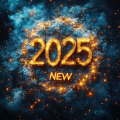 Happy New Year 2025 Vibrant Cosmic Celebration with Sparklers and Starbursts