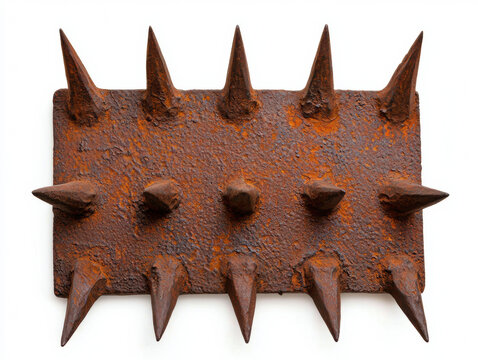 A rusted metal plate with sharp spikes protruding from its surface, showcasing a weathered and industrial aesthetic. , Isolate white background 